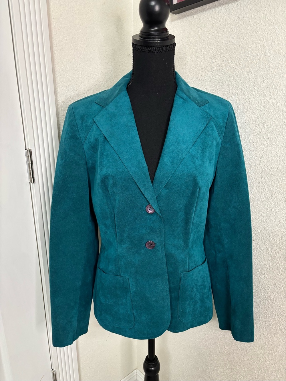 Women's Teal Suede Blazer Jacket - Tailored Two-Button